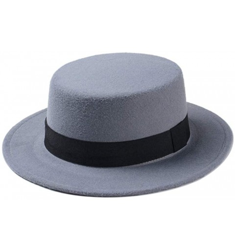 Fedoras Wool Pork Pie Boater Flat Top Hat Black for Women's Men's- Felt Wide Brim Fedora Gambler Hat - Blue - C018U0DNXGE $12.60