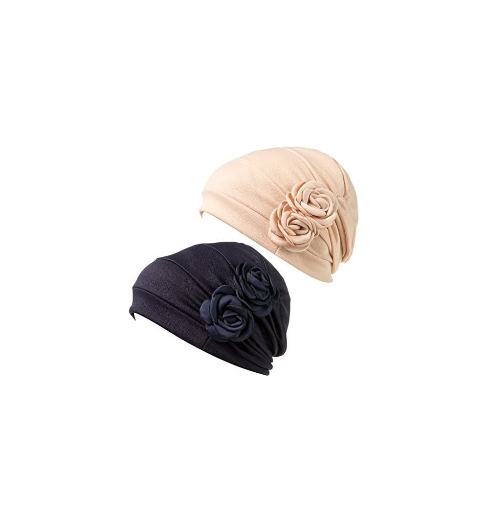 Headbands Print Flower Cap Cancer Hats Beanie Stretch Casual Turbans for Women - Beige+navy Blue - CP18DK6QGDE $23.65