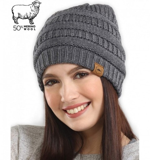 Skullies & Beanies Womens Cable Knit Beanie - Warm & Soft Stretch Winter Hats for Cold Weather - Merino Wool - Dark Gray - C7...