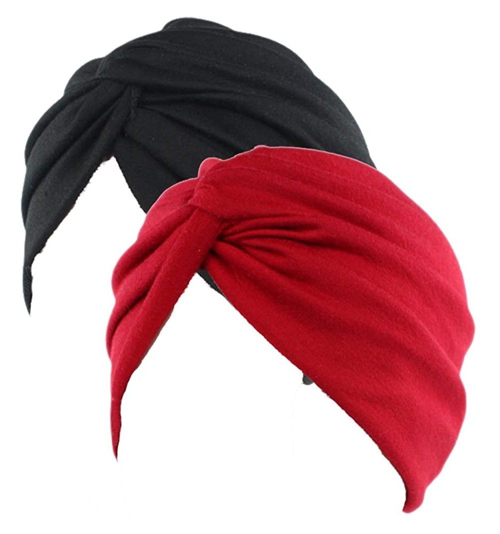 Skullies & Beanies Women's Sleep Soft Turban Pre Tied Cotton India Chemo Cap Beanie Turban Headwear - Black1&red1 - C8198GZ4N...