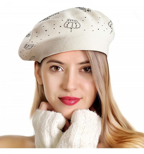 Berets Beret Hats for Women Rhinestones 2 Layers Wool French Hat Lady Winter Black Red - Off White-black Rhinestones - CU18XW...