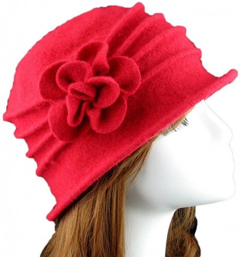 Skullies & Beanies Women 100% Wool Felt Round Top Cloche Hat Fedoras Trilby with Bow Flower - A4 Red - CM185ADYEEX $14.84
