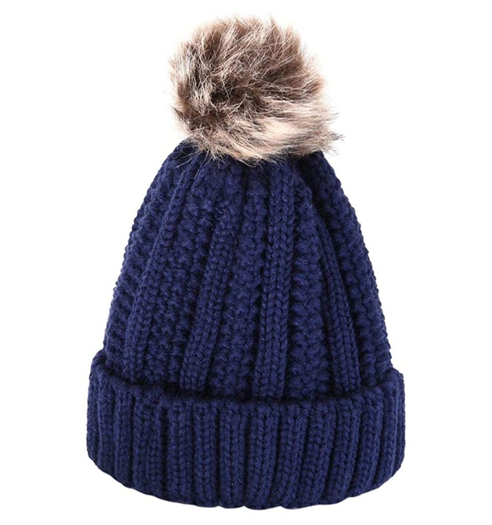 Bomber Hats Womens Winter Beanie Hat- Warm Cuff Cable Knitted Soft Ski Cap with Pom Pom for Girls - B - CV18ADTA8U2 $7.80