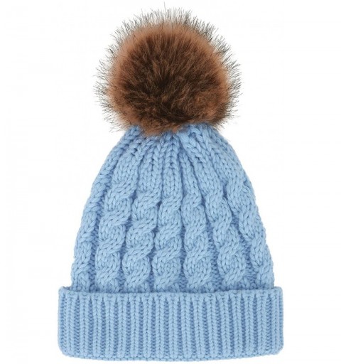 Skullies & Beanies Women's Winter Soft Knit Beanie Hat with Faux Fur Pom Pom - No Fleece Lined_light Blue - C8182G99Y5O $12.80