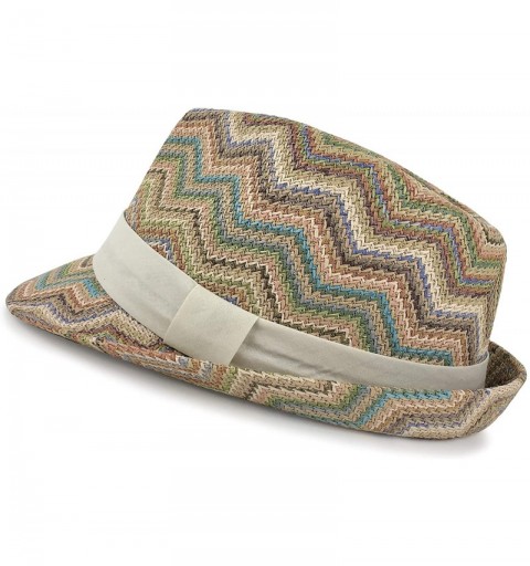 Fedoras Boho Chevron Fashion Straw Fedora Hat with Short Brim and Ivory Trim for Women One Size - CW18UIHESO9 $20.31