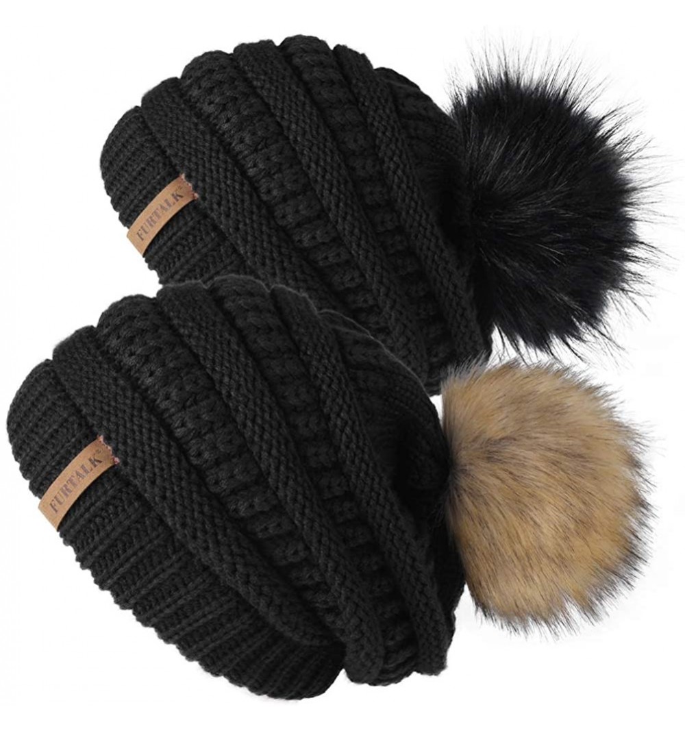 Skullies & Beanies Womens Winter Knit Slouchy Beanie Hat Skull Ski Cap Warm Faux Fur Pom Pom Beanies Hats for Women 2 Packs -...