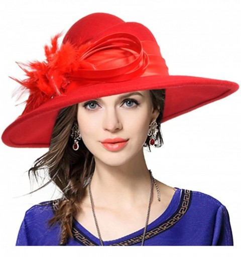 Fedoras Ladies 100% Wool Felt Feather Cocktail British Formal Party Hat - Red - C212MCHQD8D $28.66