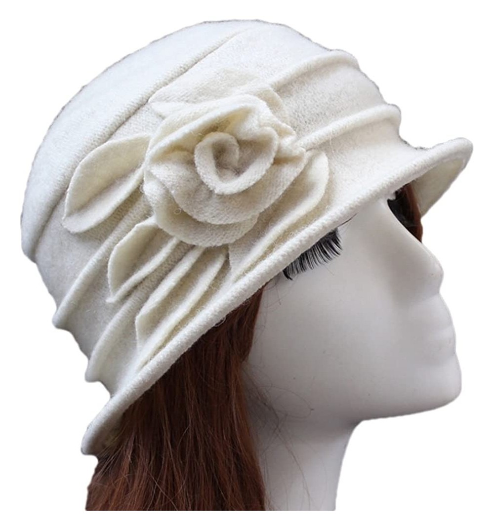 Skullies & Beanies Women 100% Wool Felt Round Top Cloche Hat Fedoras Trilby with Bow Flower - A2 Off White - C5185A9NMQE $15.57