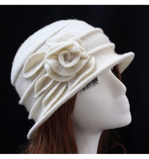 Skullies & Beanies Women 100% Wool Felt Round Top Cloche Hat Fedoras Trilby with Bow Flower - A2 Off White - C5185A9NMQE $15.57