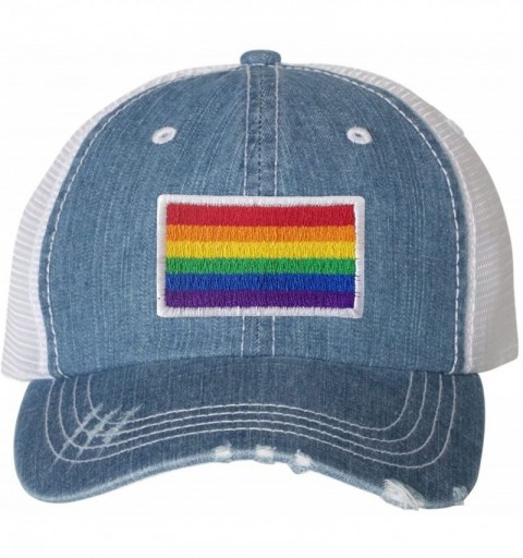 Baseball Caps Adult Rainbow Gay & Lesbian Pride Flag Embroidered Distressed Trucker Cap - Blue Denim/ White - C4180RCRYR7 $30.64