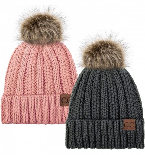Skullies & Beanies Thick Cable Knit Hat Faux Fur Pom Fleece Lined Cap Cuff Beanie 2 Pack - Dk Melange/Indi Pink - CJ1924AIQIC...