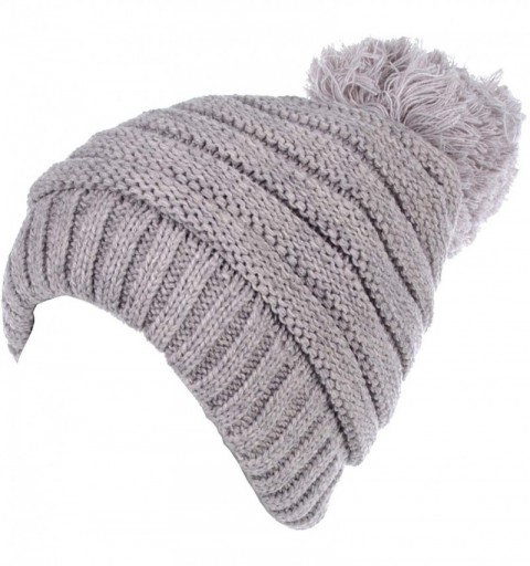 Skullies & Beanies Women's Winter Warm Fleece Lined Rib Knit Faux Fur Pom Beanie Snow Ski Hat - Stripe-oatmeal - CU186EHM5DL ...