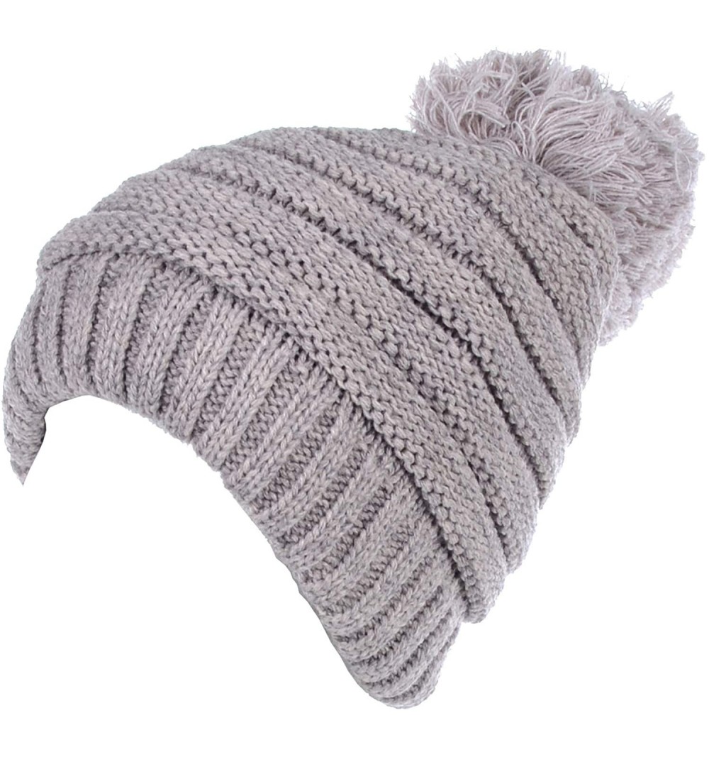 Skullies & Beanies Women's Winter Warm Fleece Lined Rib Knit Faux Fur Pom Beanie Snow Ski Hat - Stripe-oatmeal - CU186EHM5DL ...
