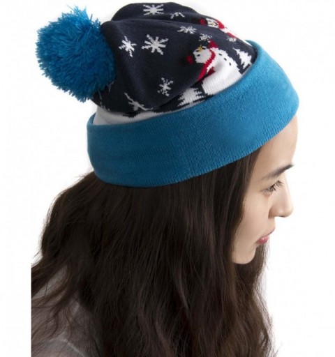 Skullies & Beanies Unisex Light-UP Reindeer Jacquard Ugly Christmas Beanie Hat - Blue - CK1887OE9NN $13.90