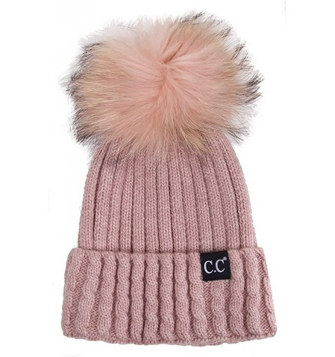Skullies & Beanies Black Label Ribbed Real Racoon Fur Knitted Cuffed Beanie with Pom Pom - Indi Pink - CJ187GMI6KH $29.54