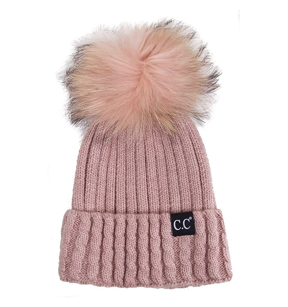 Skullies & Beanies Black Label Ribbed Real Racoon Fur Knitted Cuffed Beanie with Pom Pom - Indi Pink - CJ187GMI6KH $29.54