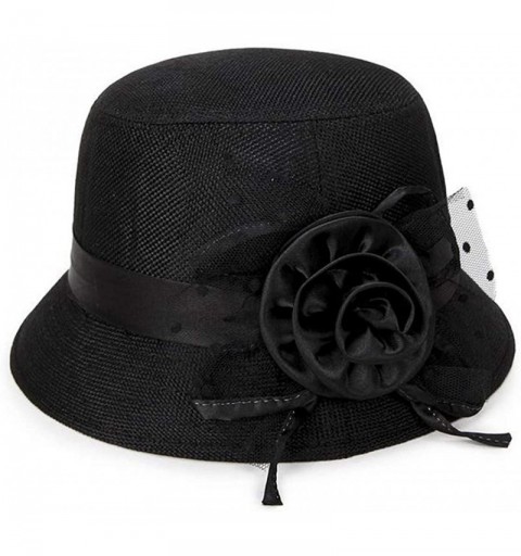 Fedoras Women's Retro Ribbon Flower Bow Solid Color Fedora Bowler Hat Caps - Black - CY19232NYEK $6.72