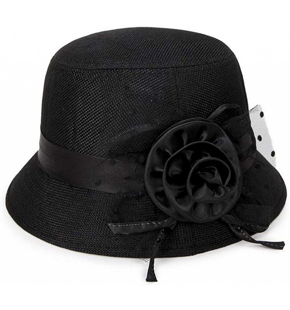 Fedoras Women's Retro Ribbon Flower Bow Solid Color Fedora Bowler Hat Caps - Black - CY19232NYEK $6.72