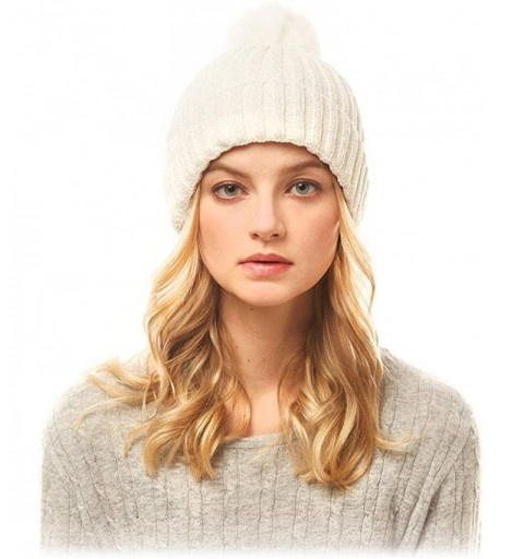 Skullies & Beanies Me Plus Women Fashion Fall Winter Soft Cable Knitted Faux Fur Pom Pom Beanie Hat - Solid Chenille - White ...