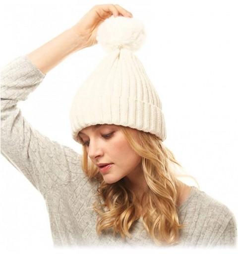 Skullies & Beanies Me Plus Women Fashion Fall Winter Soft Cable Knitted Faux Fur Pom Pom Beanie Hat - Solid Chenille - White ...