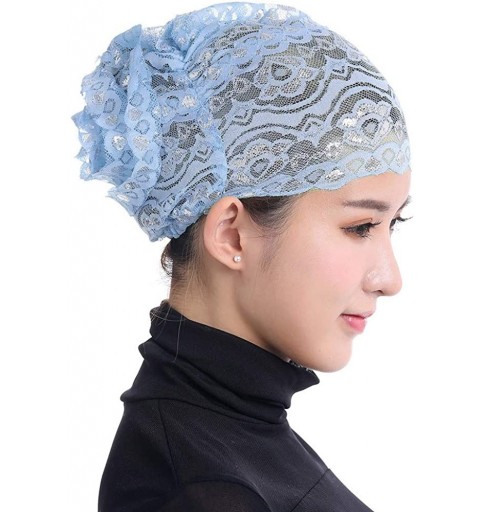 Skullies & Beanies Women Muslim Hijab Ruffle Cancer Chemo Elegant Lace Hat Beanie Scarf Turban Head Wrap Cap - Sky Blue - C31...