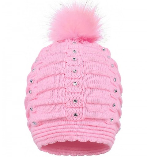 Skullies & Beanies Womens Faux Fur Pompom Knit Winter Beanie Hat w/Sequins - Pink - CW188O8X83G $11.04
