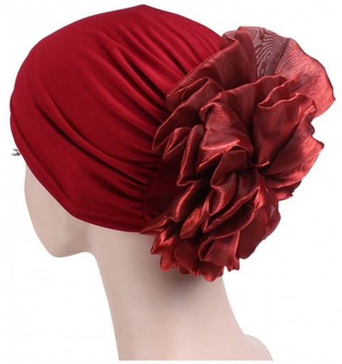 Skullies & Beanies Women Big Flower Elastic Beanie Head Wrap Chemo Cap Hat - Wine Red - C418DZA7H6M $21.51
