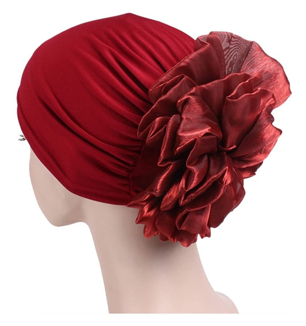 Skullies & Beanies Women Big Flower Elastic Beanie Head Wrap Chemo Cap Hat - Wine Red - C418DZA7H6M $8.50