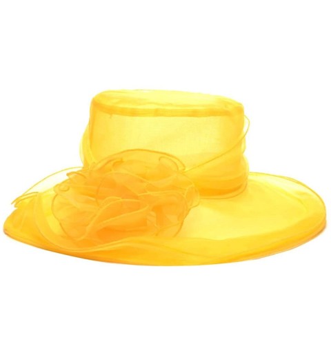 Sun Hats Elegant Women Vintage Gauze Kentucky Derby Sun Hat Flower Wide Brim Gauze Cap - Yellow - C012GEFL8IT $11.69