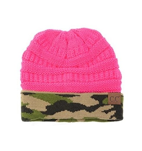 Skullies & Beanies Unisex Warm Soft Stretch Cable Knit Camo Cuff Beanie Cap - Candy Pink - CR189ZZR5U7 $17.34