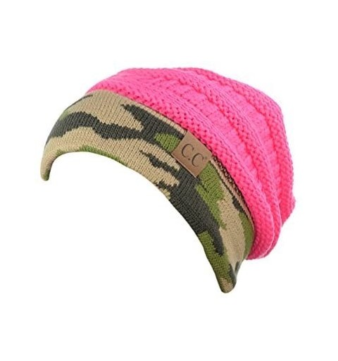 Skullies & Beanies Unisex Warm Soft Stretch Cable Knit Camo Cuff Beanie Cap - Candy Pink - CR189ZZR5U7 $17.34