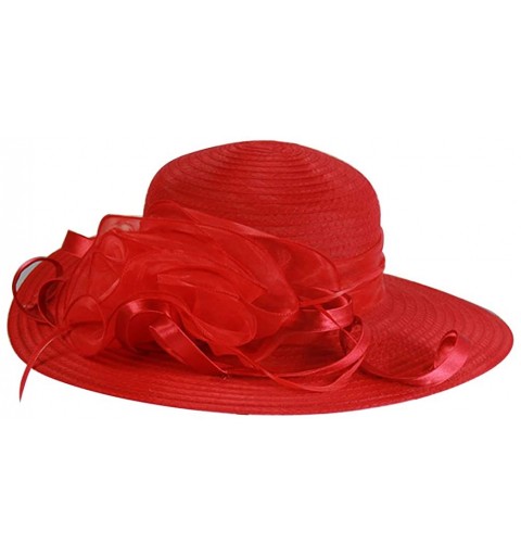 Sun Hats Fashion Women's Organza Floral Wide Brim Kentucky Derby Church Dress Sun Hat Summer Beach Cap - Red - CE18T62ROXH $8.06