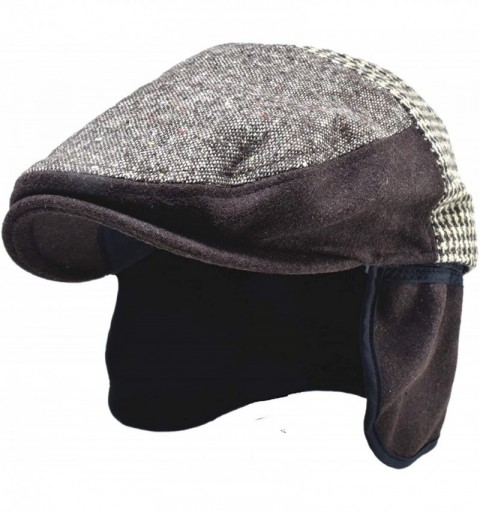 Newsboy Caps 100% Wool Herringbone Winter Ivy Cabbie Hat w/Fleece Earflaps - Driving Hat - Patch Brown - CI18ZUN6TAA $25.24