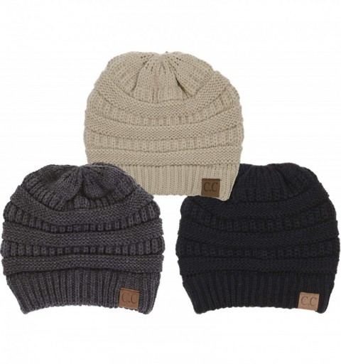 Skullies & Beanies Solid Ribbed Beanie Slouchy Soft Stretch Cable Knit Warm Skull Cap - 3 Pack - Black & Beige & Charcoal - C...