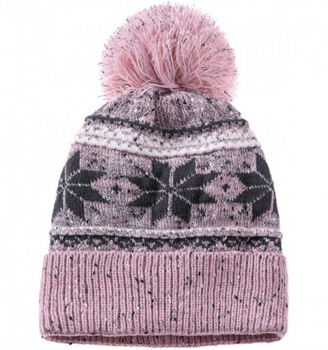 Skullies & Beanies Women Girl Winter Knit Beanie Soft Warm Fleece Lining Pompoms Hats Snow Ski Cap - Pink Snowflake - CJ18HDL...