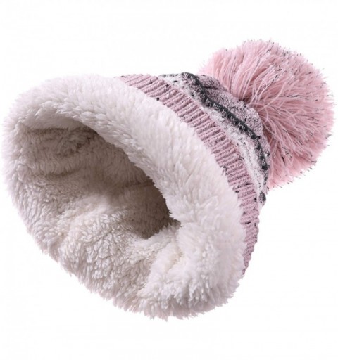 Skullies & Beanies Women Girl Winter Knit Beanie Soft Warm Fleece Lining Pompoms Hats Snow Ski Cap - Pink Snowflake - CJ18HDL...