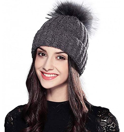 Skullies & Beanies Women Fashion Warm Winter Knitted Beanie Fur Ball Pom Hat Crochet Ski Cap - Dark Grey - CH18HOEWX0G $33.63