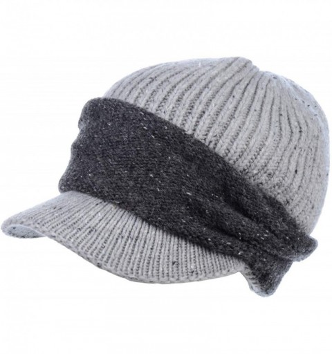 Skullies & Beanies Winter Fashion Knit Cap Hat for Women- Peaked Visor Beanie- Warm Fleece Lined-Many Styles - Grey Band - CC...