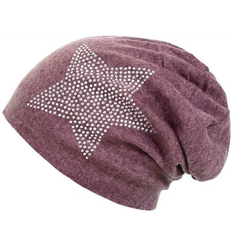 Skullies & Beanies Classic Soft Knit Fashion Beanie Cap Hat with Rhinestone Star for Woman - Plum - CB18HKTMOSI $8.18