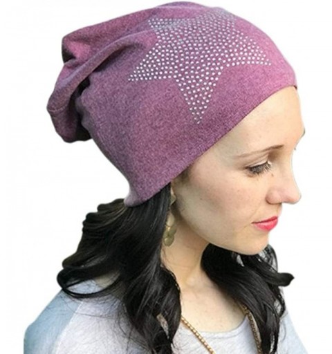 Skullies & Beanies Classic Soft Knit Fashion Beanie Cap Hat with Rhinestone Star for Woman - Plum - CB18HKTMOSI $8.18