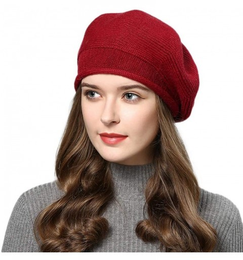 Berets Women's Solid Knit Furry French Beret Chic Beanie - Fall Winter Paris Artist Cap Beanie Hat - Wine Red - CI18Z4GYG9U $...