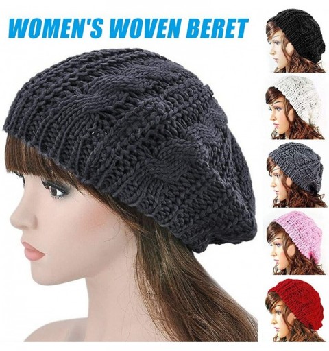 Berets Women Ladies Beret Beanie Hat Winter Knitted Crochet Slouchy Knit Baggy Ski Cap Outdoor Black - CL18ZELCT63 $9.27