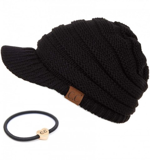 Visors Hatsandscarf Exclusives Women's Ribbed Knit Hat with Brim (YJ-131) - Black With Ponytail Holder - CE18XHIRSUR $11.50