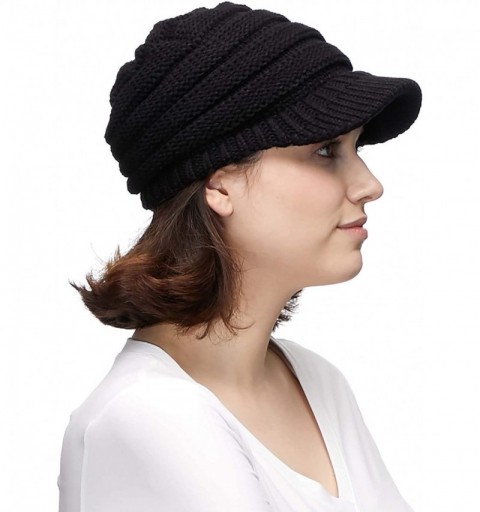 Visors Hatsandscarf Exclusives Women's Ribbed Knit Hat with Brim (YJ-131) - Black With Ponytail Holder - CE18XHIRSUR $11.50