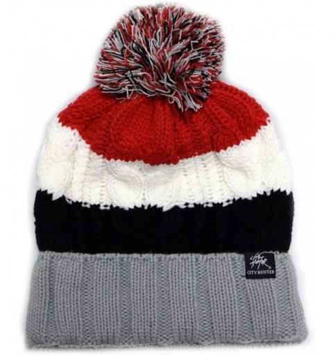 Skullies & Beanies Bold Stripe Pom Pom Knit Hat - Light Grey/Red - C511ORCDLNR $15.28