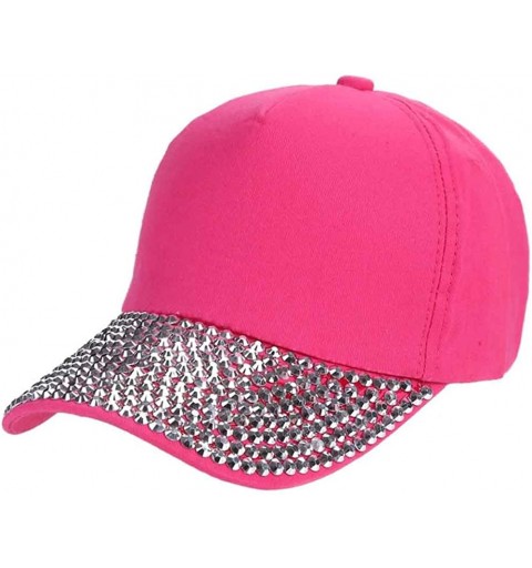 Baseball Caps Women Men Adjustable Baseball Cap Plain Sparkle Rhinestone Brim Studs Sun Hat Lover Denim Cap - Rose Red - CL18...
