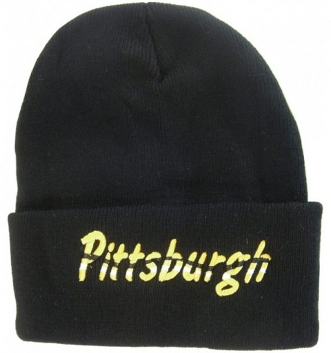 Skullies & Beanies Pittsburgh Adult Size Wavy Script Winter Knit Beanie Hat - Black - C3186ZGK4WD $15.01