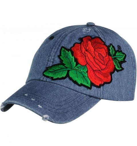 Baseball Caps Embroidered Rose Flower Patch Adjustable Baseball Cap Hat - Dk Blue Denim - CF184HHWY26 $12.39