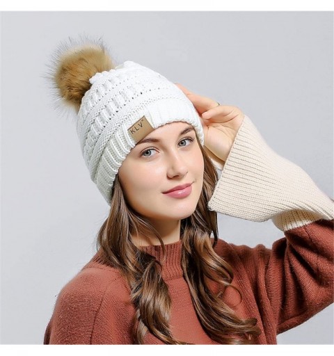 Skullies & Beanies Women Casual Knit Hats Beanie Hat Large Pom Ladies Winter Warm Cap - White-1 - CP18ADNKS86 $7.68