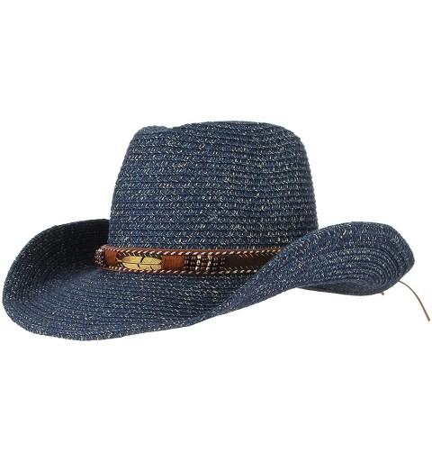 Cowboy Hats Western Outback Straw Cowboy Hat for Men Women PU Leather Band Cowgirl Roll Up Wide Brim Hat - Navy - CY18QGDKS26...